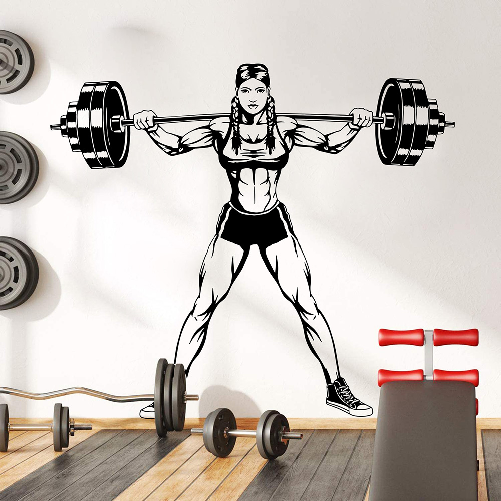 Home Gym On Wall - Large Gym Woman Dumbbells Wall Decal