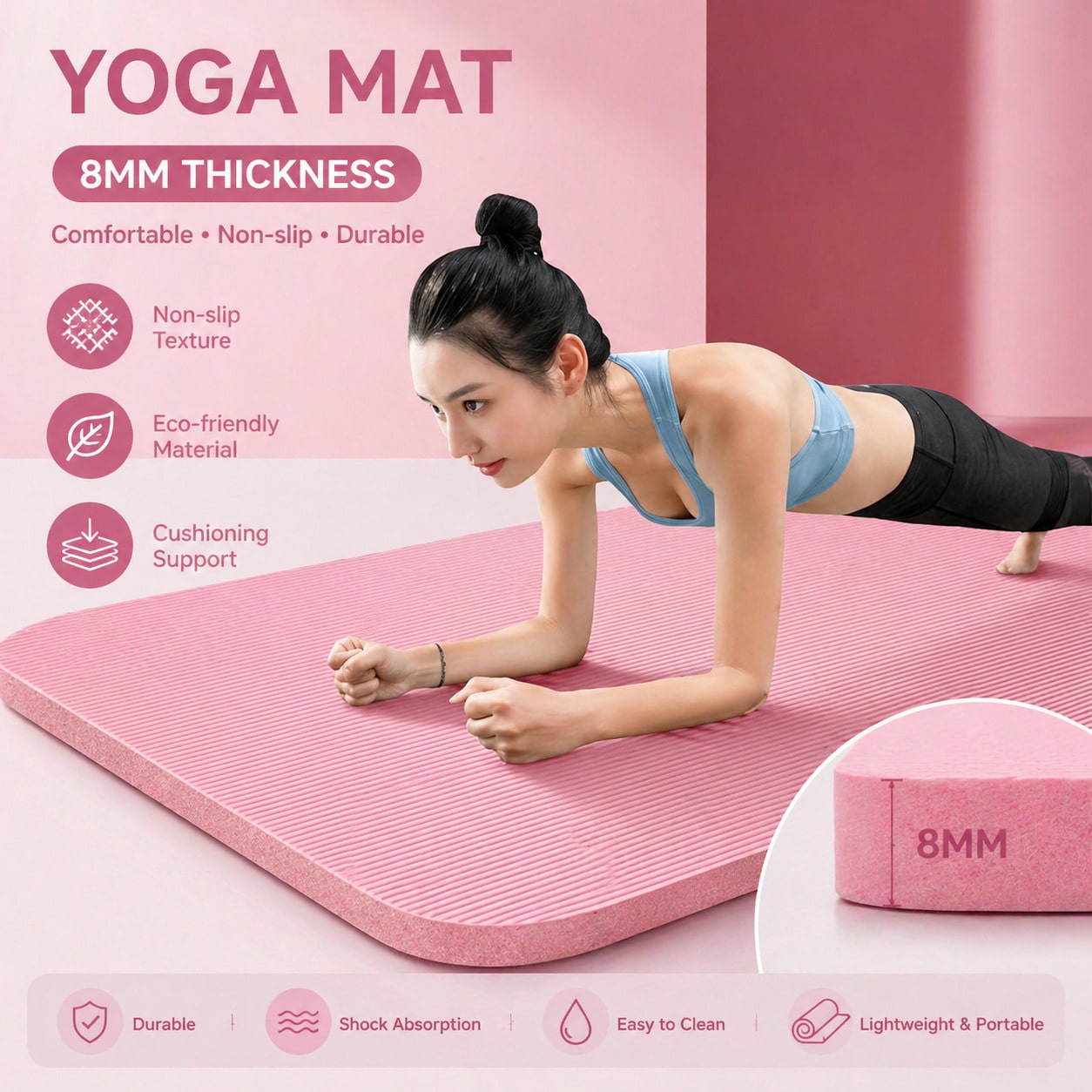 Home Gym Yoga Mat - 185*61CM Pink Non Slip Yoga Mat